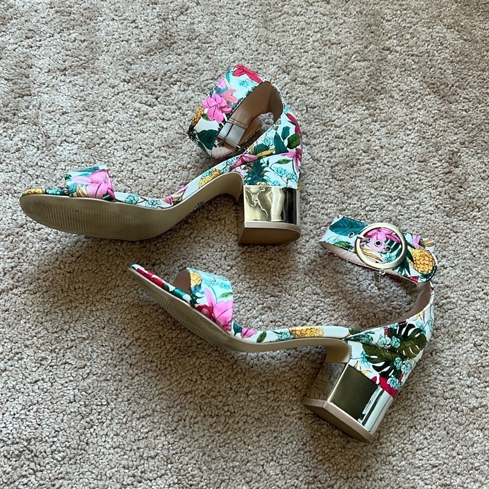 Nanette Lepore Block Heel Floral Ankle Strap Sandals